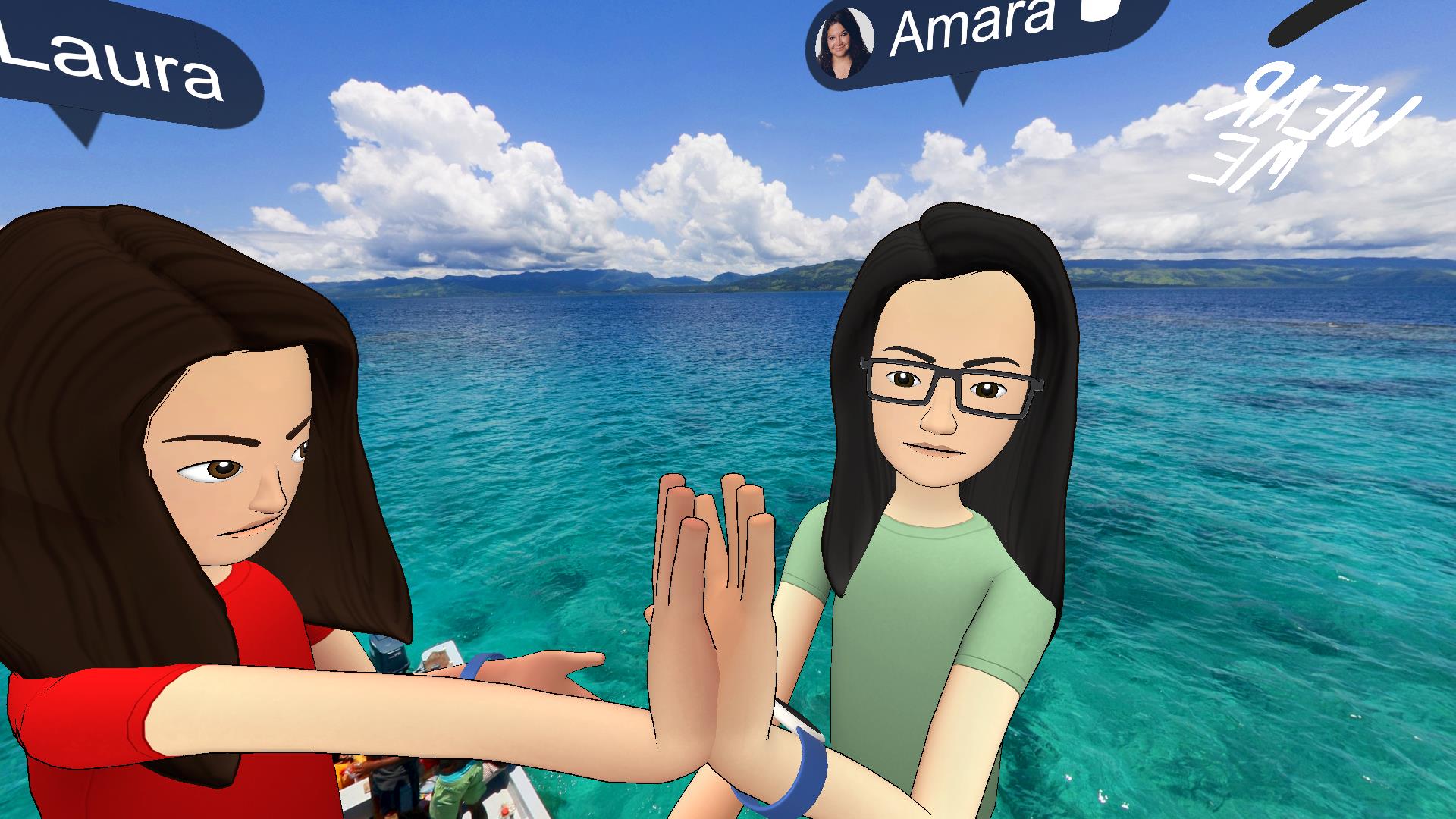 USC Annenberg教授Laura Davis（左）和Amara Aguilar首次在社交虚拟现实应用程序Facebook Spaces中上线。